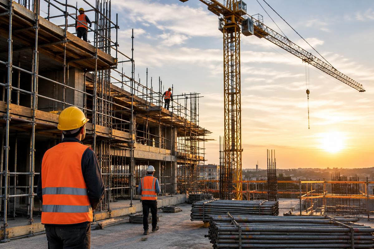 Chantier de construction avec grue et ouvriers